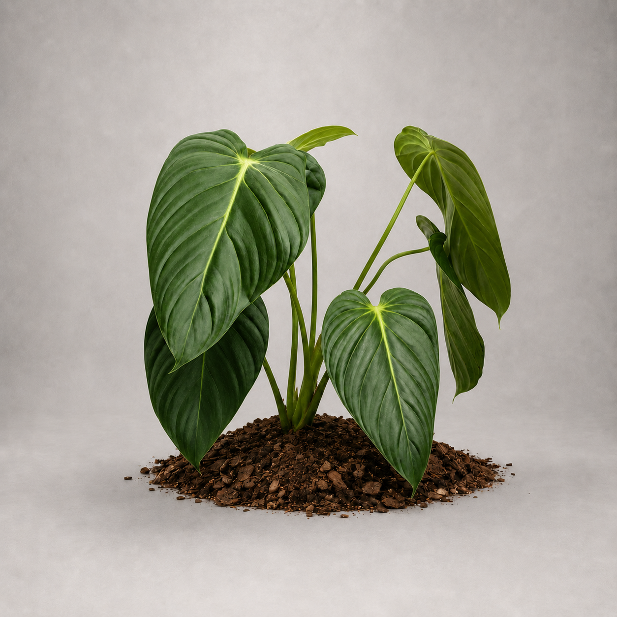 Philodendron pastazanum × melanochrysum als adulte Hybridpflanze mit samtigen Herzblättern