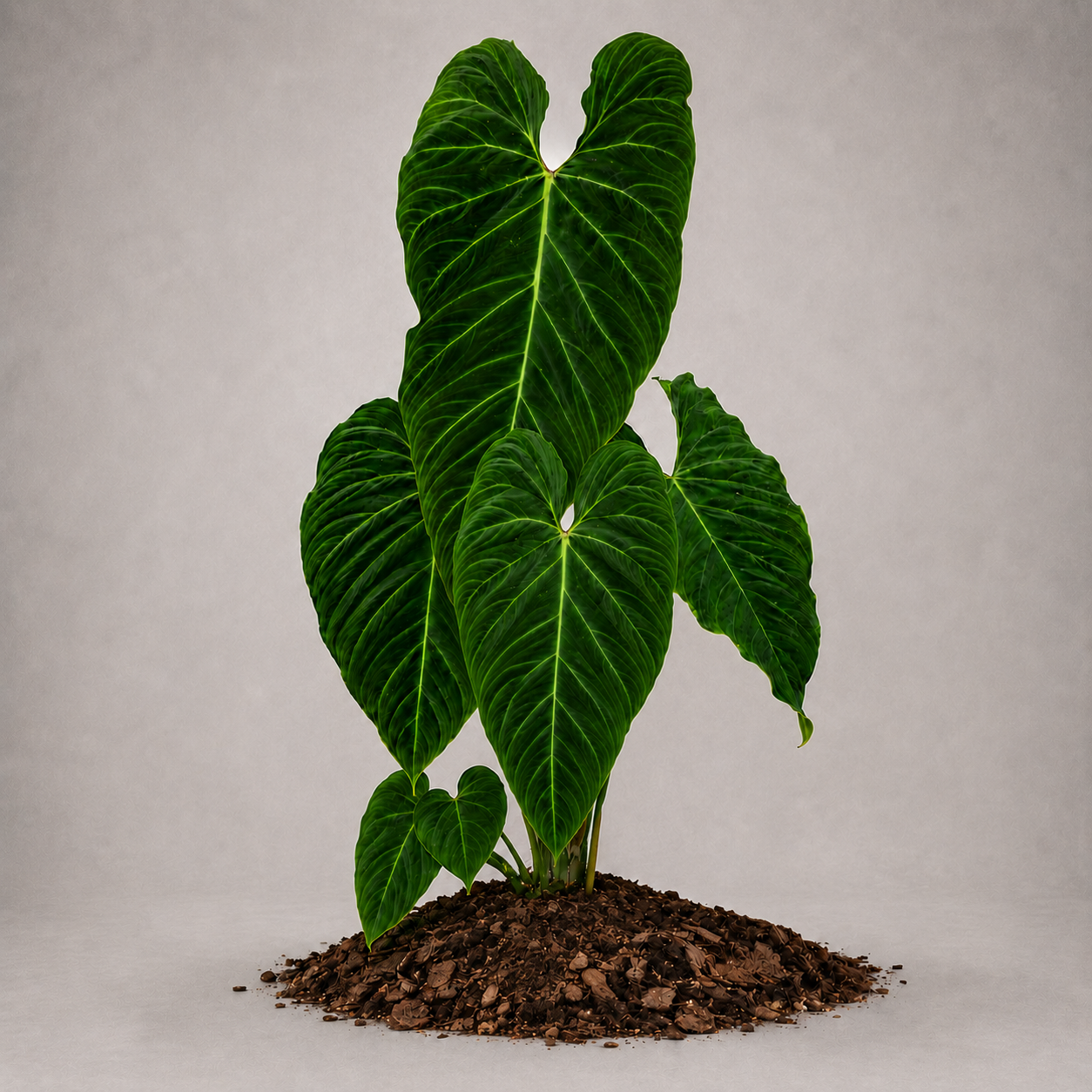 Philodendron verrucosum × melanochrysum als adulte Hybridpflanze mit samtigen Blättern