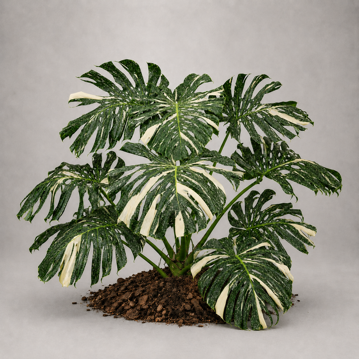 Monstera deliciosa 'Thai Constellation' als adulte panaschierte Pflanze