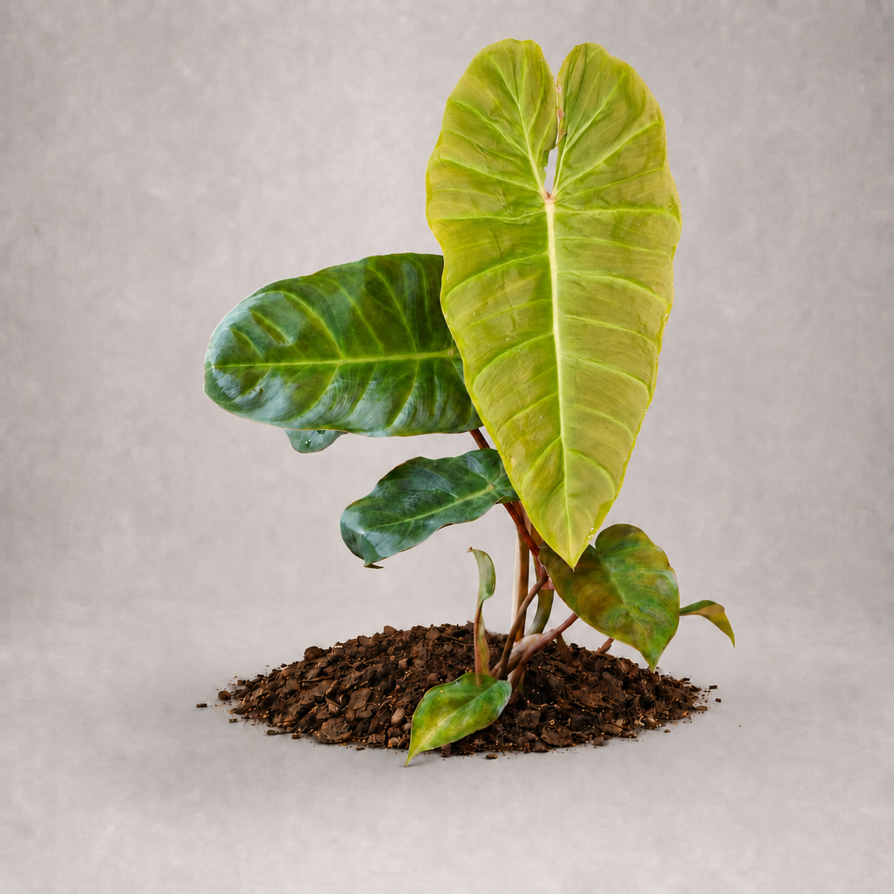 Philodendron verrucosum × billietiae als adulte Hybridpflanze mit länglichen samtigen Blättern